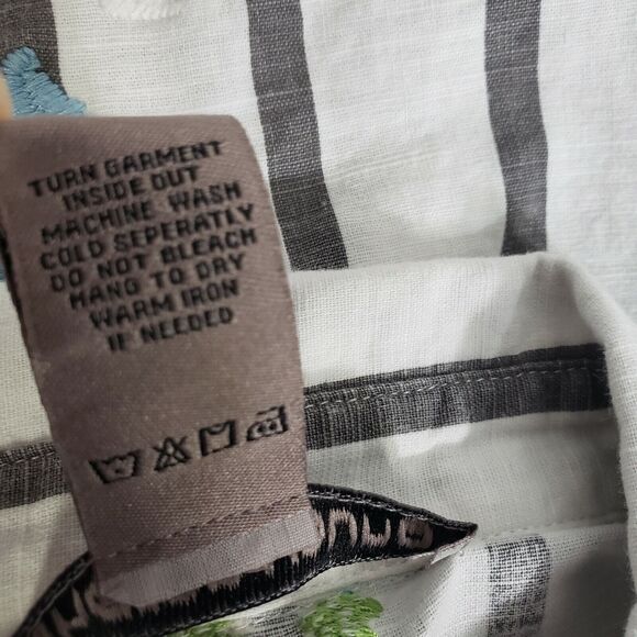 Sharon Young Womens Top Small Gray Striped 100% Linen Embroidered Button Up 3/4 - Picture 10 of 10